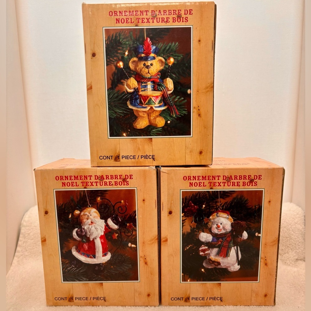 Bundle of 3: Santa, Snowman & Teddy Bear Rustic Christmas Ornaments